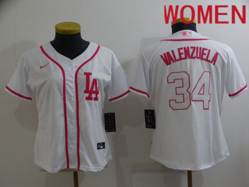 Women Los Angeles Dodgers #34 Valenzuela white pink Game Nike 2022 MLB Jerseys->new york yankees->MLB Jersey